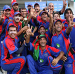 Winners Afghanistan celebrate with the trophy after beating Hong Kong in the final